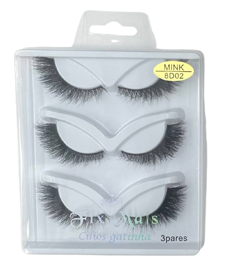 3 Pares de Cílios Postiços Gatinha Mink 8D02 F-023 - Fix Mais