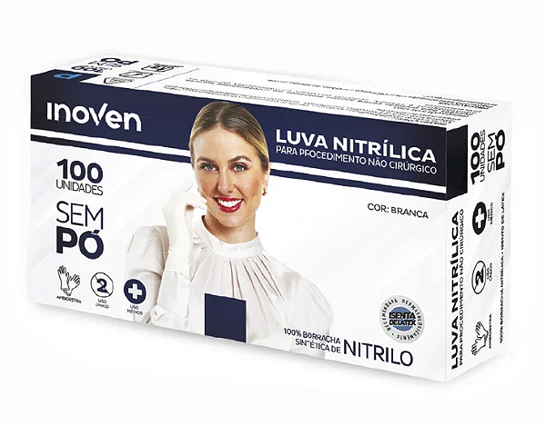Caixa com 100 Unidades de Luva *SEM Pó BRANCA - Inoven