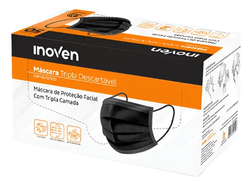 Caixa com 50 Máscaras Descartáveis PRETA - INOVEN