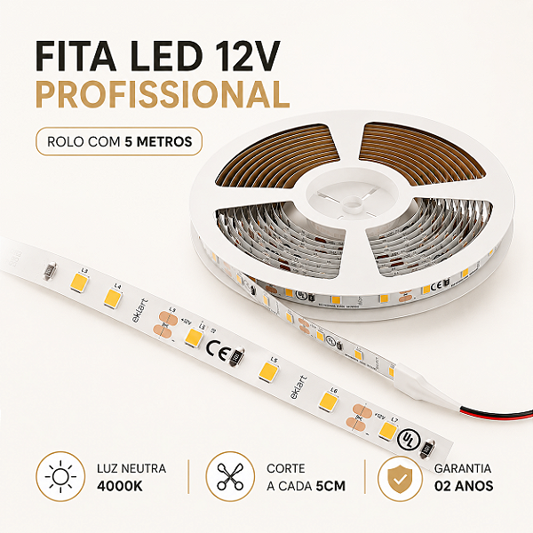 Fita LED 12V 05W/m 60Leds IP20 BRANCO NEUTRO 4000K - 05 metros - EKF4448HL90 - EKLART