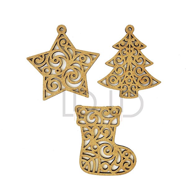 Pingente Enfeite Natal Coleção 3 Arabesco 8 cm MDF