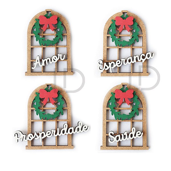 Pingente Enfeite Natal Coleção 10 Janela Palavras 8 cm MDF