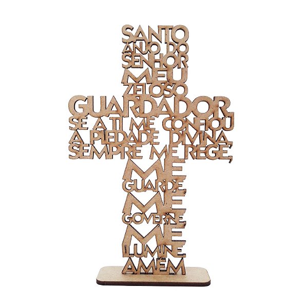 Lembrança Cruz Vazada com Oração Santo Anjo 11 cm MDF