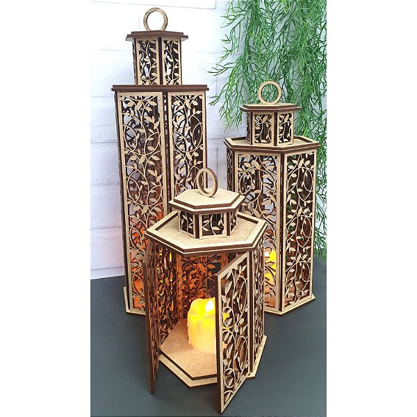 Trio Lanternas 01 para Velas Eletrônicas 33, 25 e 15 cm MDF Cru
