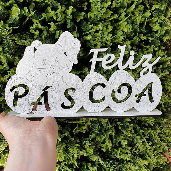 Enfeite Páscoa Coelho e Ovinhos 25x13 cm MDF Branco