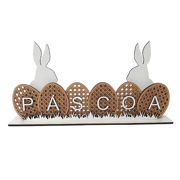 Enfeite Páscoa Coelho e Ovinhos Rattan/Palha 30 cm MDF