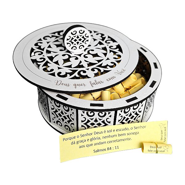 Caixa MDF Redonda com Rolinhos de Bênçãos "Deus quer falar com você"