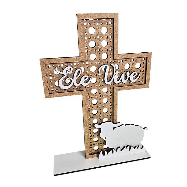 Enfeite Páscoa Rattan/Palha Cruz Ele Vive Cordeiro 25 cm MDF