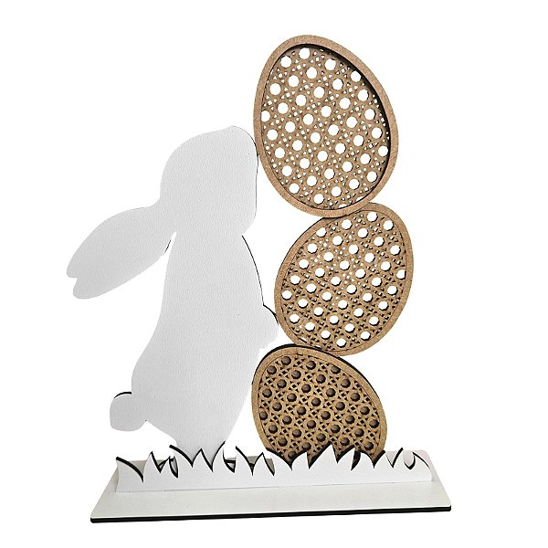 Enfeite Páscoa Rattan/Palha Coelho Vertical e Ovinhos 25 cm MDF