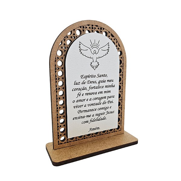 Lembrança Placa Rattan Oração Divino Espírito Santo MDF Cru e Branco