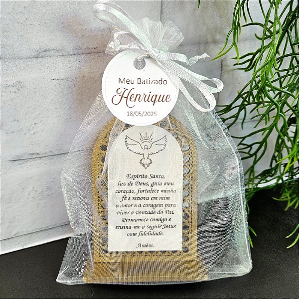 Lembrança Placa Rattan Oração Divino Espírito Santo MDF Cru e Branco com embalagem
