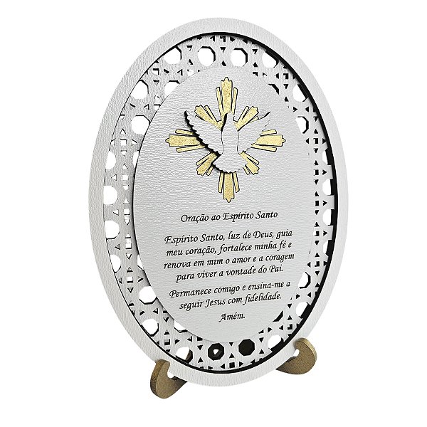 Enfeite Placa Oval Rattan Oração Espírito Santo 15 cm MDF