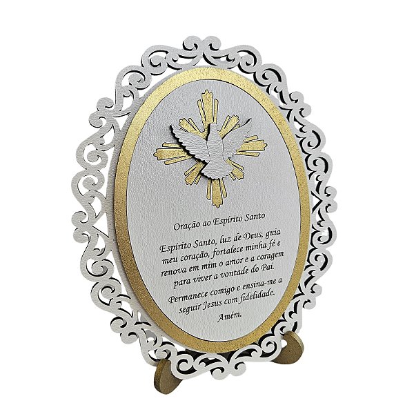 Enfeite Placa Rattan Arabesco Oração Espírito Santo 15 cm MDF