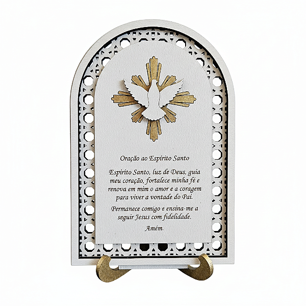 Enfeite Placa Rattan Arco Oração Espírito Santo 15 cm MDF
