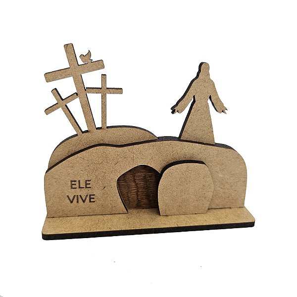 Mini Cenário Páscoa ELE VIVE Infantil 10x8 cm MDF Cru Sepulcro Ressurreição Calvário