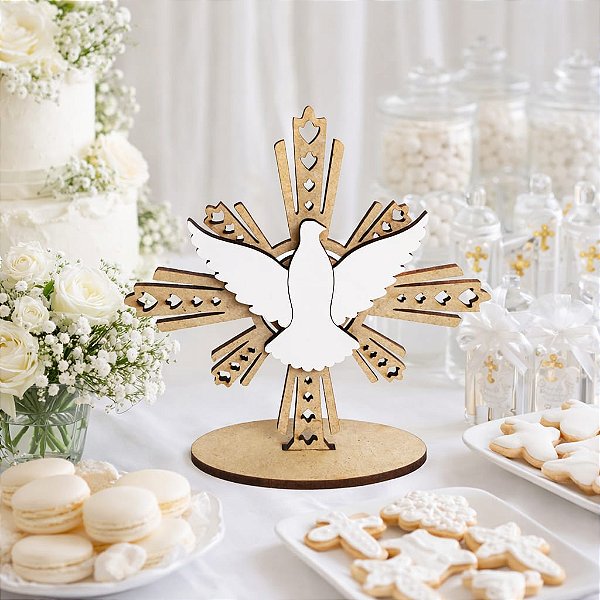 Enfeite Esplendor Divino Espírito Santo 25 cm MDF Cru e Branco