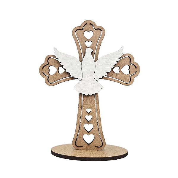 Lembrança Cruz Coração Aplique Divino Espírito Santo MDF 12 cm