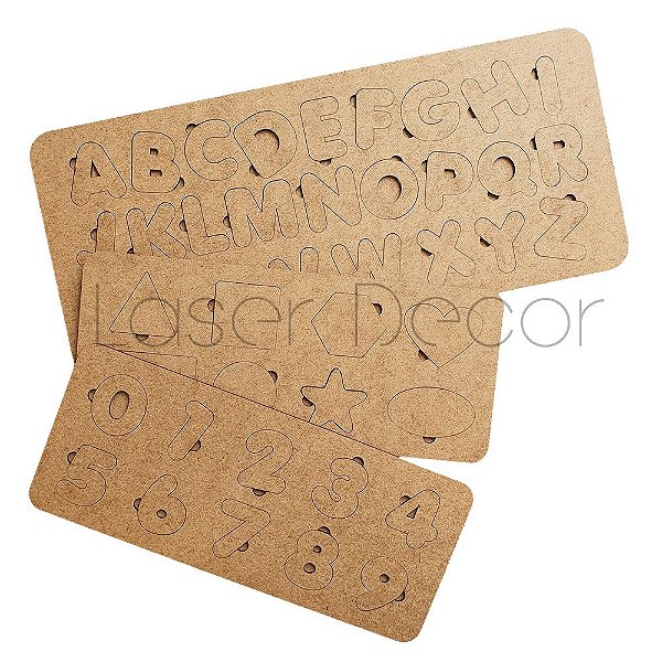 Kit Tabuleiros Alfabeto Formas e Numeros 45x19 / 33x14cm MDF Cru