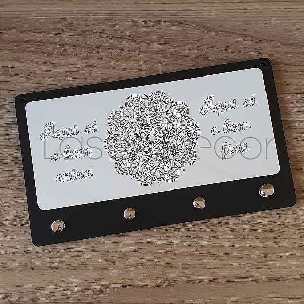 Porta Chaves Mandala Bem MDF Preto e Branco 24x14cm