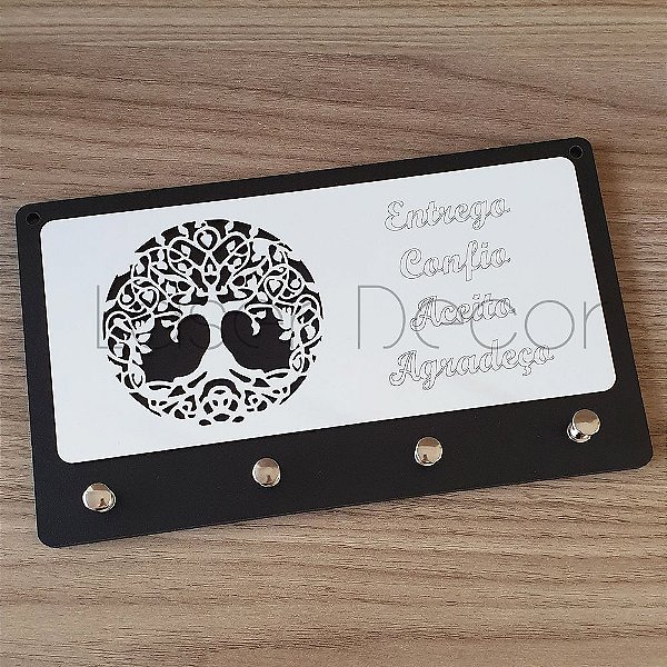 Porta Chaves Arvore Vida Entrego MDF Preto e Branco 24x14cm