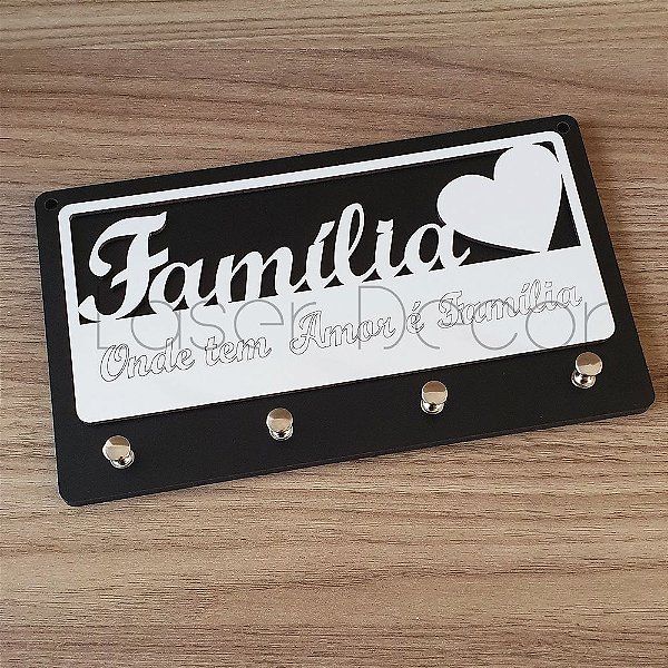 Porta Chaves Familia Amor MDF Preto e Branco 24x14cm