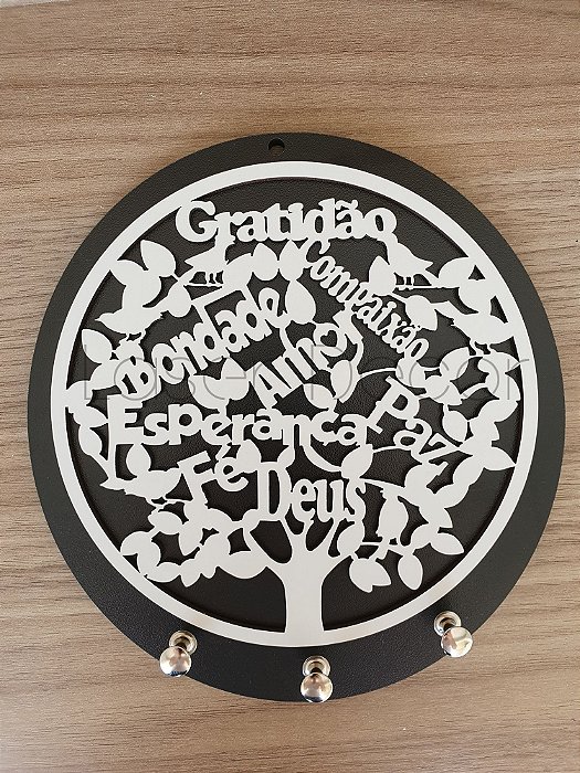 Porta Chaves Arvore Gratidão MDF Preto e Branco 18x19cm