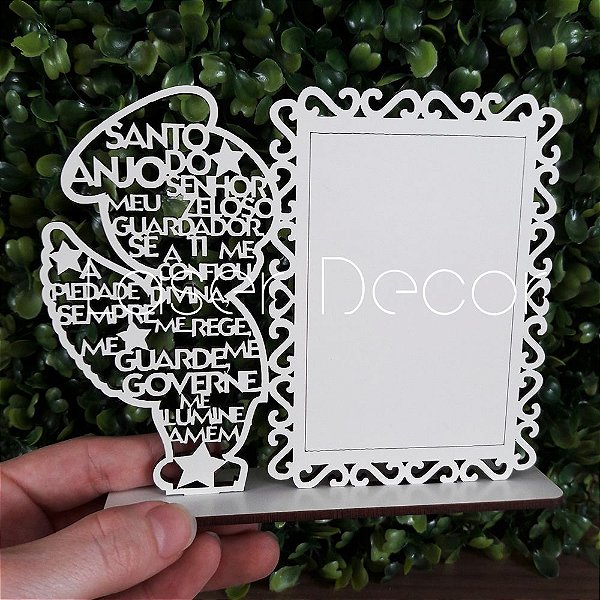 Mini Porta Retrato Oração Santo Anjo foto 6x9 cm MDF Branco