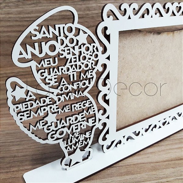 Porta Retrato Oração Santo Anjo foto 10x15 cm MDF Branco Nicho