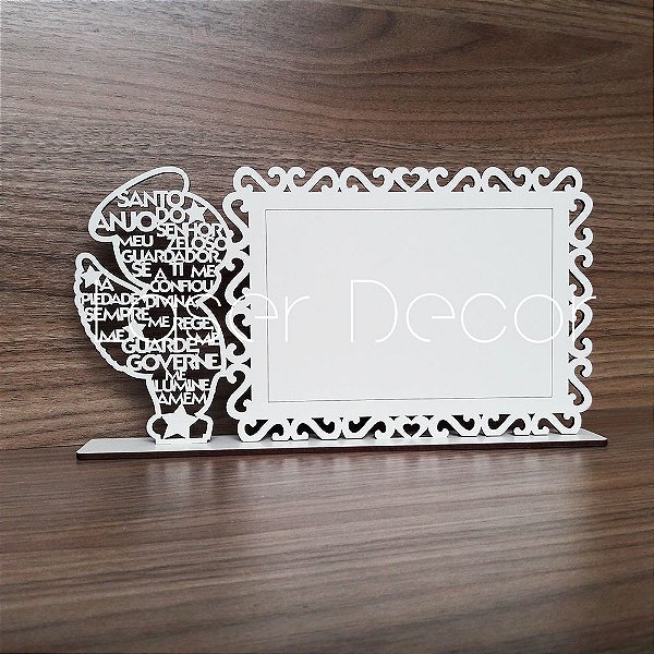 Porta Retrato Oração Santo Anjo foto 10x15 cm MDF Branco Simples