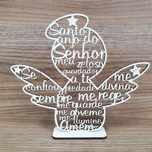 Anjo Asas com Oração Santo Anjo 18 cm MDF Branco