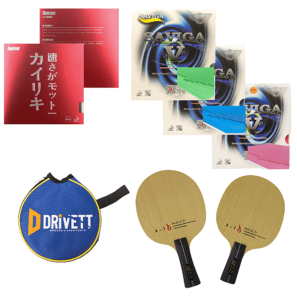 COMBO 07 - Raquete X1 + Saviga V color + Kokutaku 868 (selagem, montagem, side tape e capa grátis)