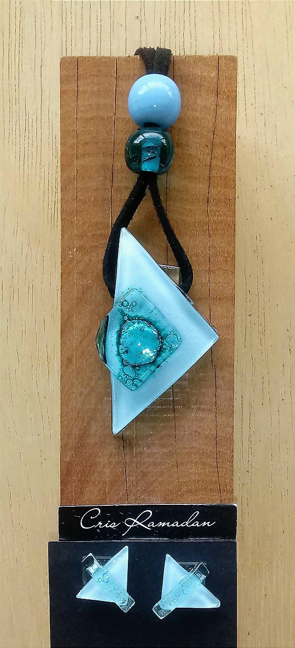 conjunto Colar Cor Triangular e brincos | Azul Claro e Turquesa