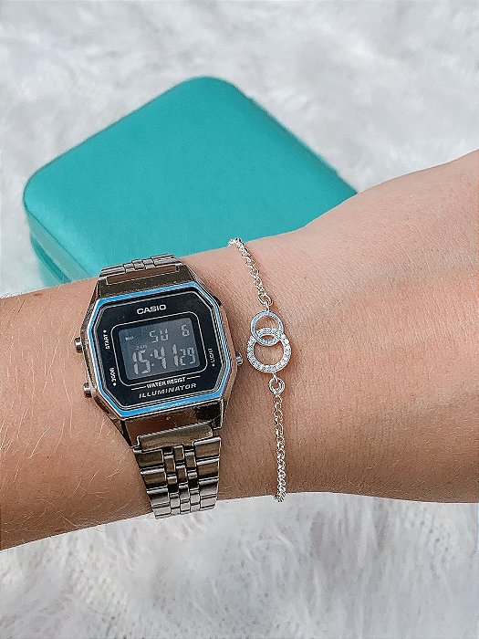 Pulseira de Prata Circulo Liso e Cristal