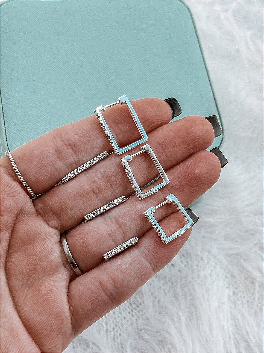 Trio de Prata Argola Quadrada Cravejada