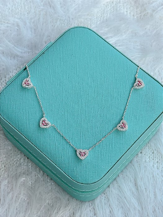 Choker de Prata Corações Rosa