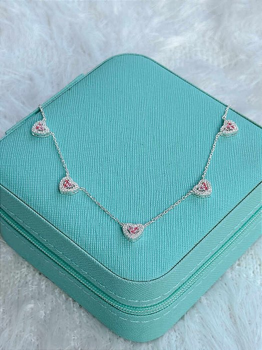 Choker de Prata Corações Rosa
