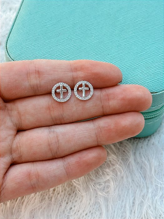 Brinco de Prata Mandala Cravejada Cruz