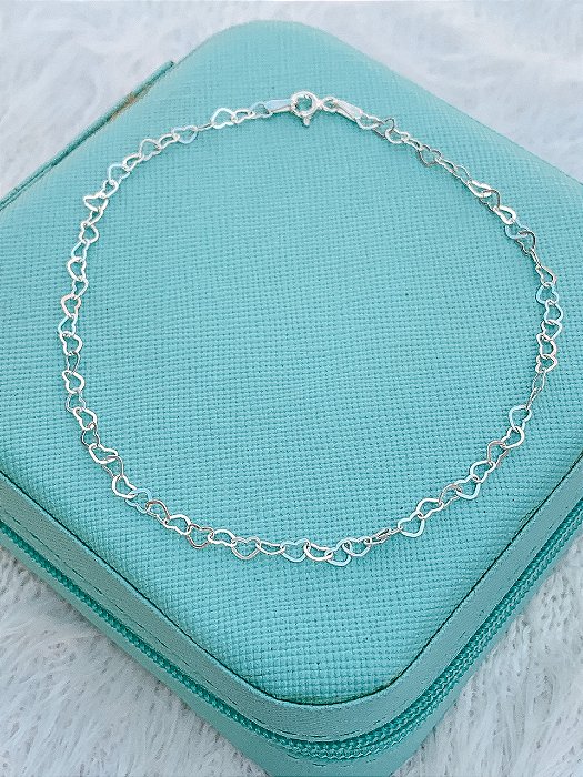 Tornozeleira de Prata Elos Corações