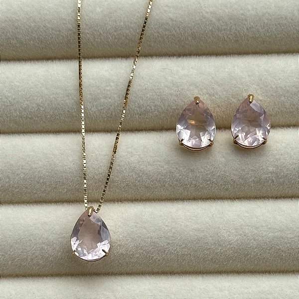 Conjunto Luxo de Corrente e Brincos em Ouro 18K Quartzo Rosa