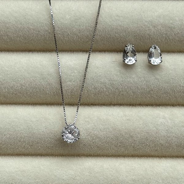 Conjunto Ouro Branco de Corrente e Brincos em Ouro 18K