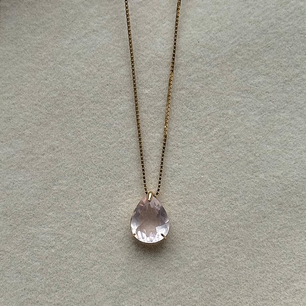 Corrente e Pingente em Ouro 18K com Quartzo Rosa