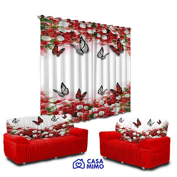 Kit Americano Capa para sofá de 2 e 3 lugares + Cortina Estapada.