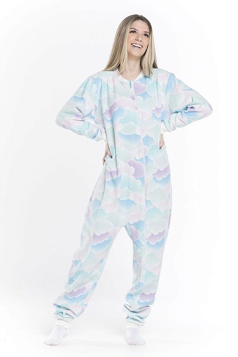 Pijama macacão feminino adulto soft azul