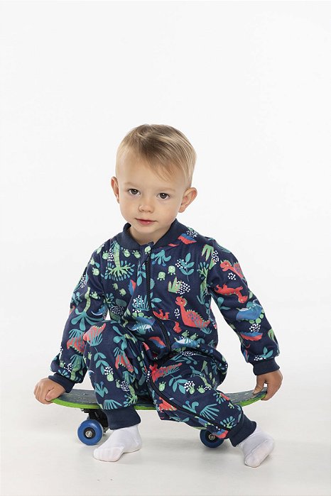 Pijama macacão infantil menino dino slim soft azul