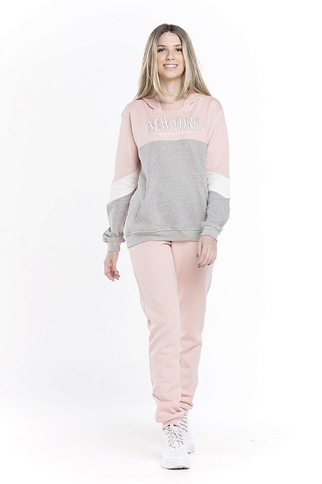 Conjunto moletom feminino adulto rosa
