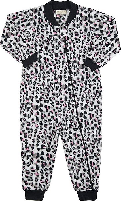 Pijama macacão infantil menina onça mega soft preto