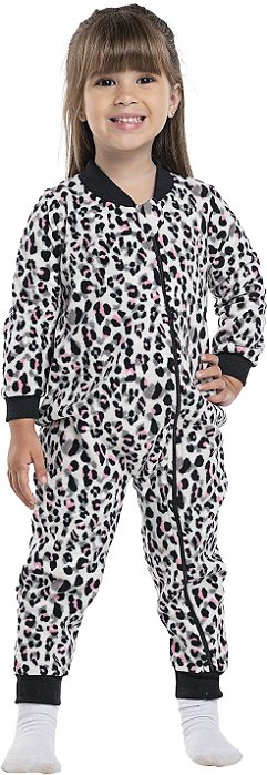 Pijama macacão infantil menina onça mega soft preto