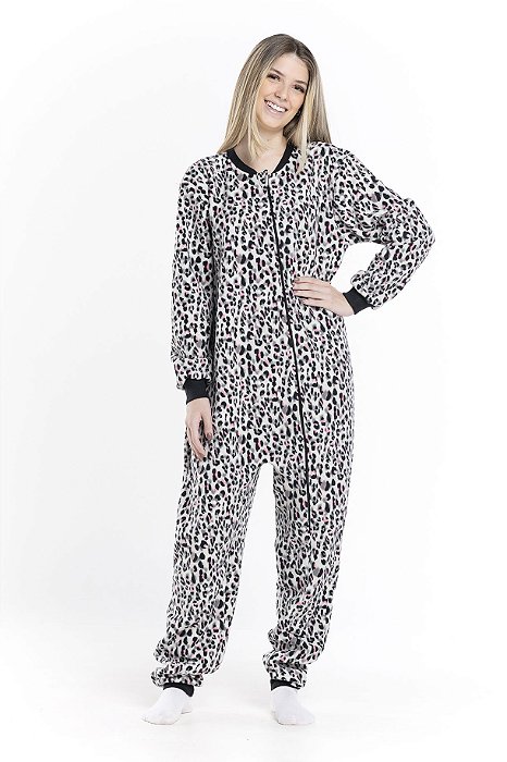 Pijama macacão feminino adulto onça soft preto