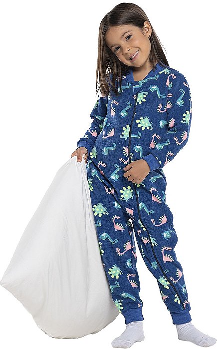 Pijama macacão infantil menina dino mega soft azul