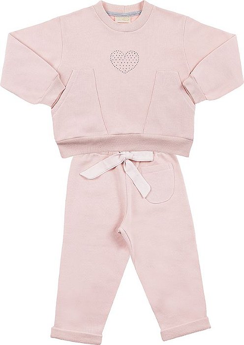 Conjunto moletom infantil menina coração rosa